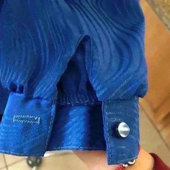 VTG 80s Blue Polyester Front Pleated Long Sleeve High Collar Blouse Women Large - Picture 5 of 9